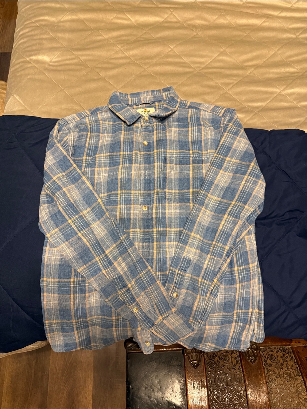 Marine Layer Men’s Blue Yellow Plaid Flannel Button Up Shirt